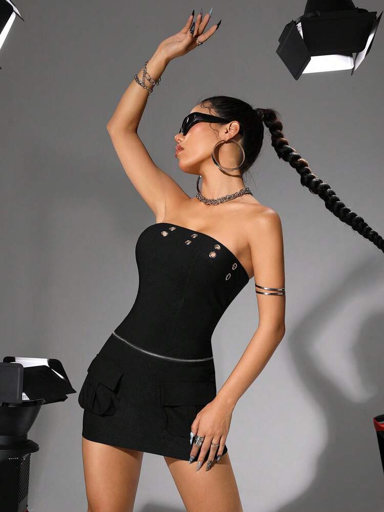 2pcs/Set Metal Eyelets Tube Top And Low Waist Cargo Style Skirt With Pockets