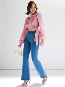 Enchnt Textured Romantic Pink Top With Ruffle Trim And Decorative Edge, For Date, Spring - Coral Pink - View 3
