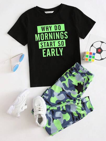 SHEIN Tween Boy Slogan Graphic Top & Camo Pants Set