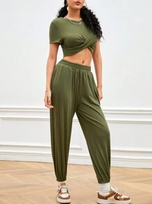 Gameset SHEIN Sport Women's Round Neck Twist Front Athletic Tracksuit - Olive Green - View 1