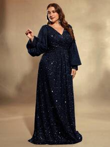 UNITHORSE Plus Size Lantern Sleeve Sequined Formal Dress Wedding Party - Navy Blue - View 3