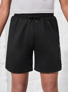 SHEIN Tween Boy's Black Comfortable, Breathable, Quick-Drying And Fashionable Sports Shorts