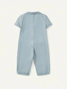 Cozy Pixies Baby Boy Casual Dinosaur Pattern Short-Sleeved Jumpsuit With Turn-Down Collar - Green - View 2