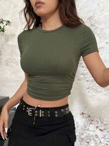SHEIN EZwear Maglietta Donna A Manica Lunga Verde Aderente In Maglia - Verde militare - Visualizzare 6