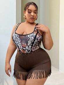 SHEIN SXY 大码女式紧身中腰流苏度假短裤 - 棕色 - 查看 4