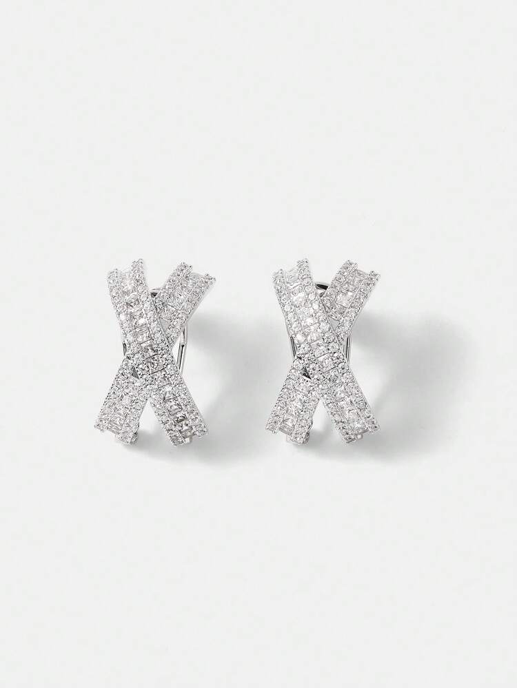 1PAIR COPPER & SILVER COLORED FULL RHINESTONE X-SHAPED STUD EARRINGS