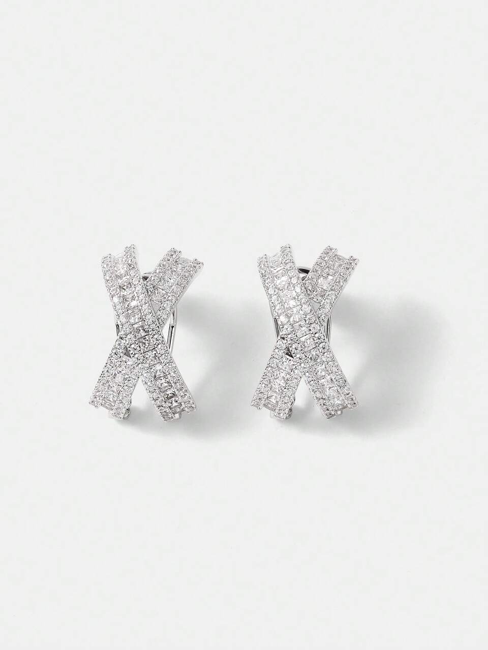 1PAIR COPPER & SILVER COLORED FULL RHINESTONE X-SHAPED STUD EARRINGS
