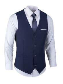 Furuyal 男士西装马甲，绅士纯色单排扣修身时尚婚礼西装马甲，男士马甲领带套装，商务派对旅行舞会，海军蓝，尺码 XS-3XL - 藏蓝色 - 查看 6