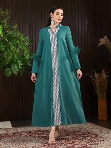 Al Najma Geometric Pattern Notched Neckline Fuzzy Decorated Dress - Green - View 7