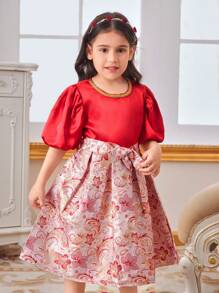 SHEIN Robe d'été à manches ballon pour jeunes filles nouveau style européen vintage avec robe plissée de style cour pour tout-petits - Rouge foncé - Voir 5