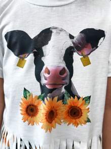 SHEIN Young Girl's Sunflower & Cow Pattern Fringe Hem Short Sleeve Top And Flared Pants Two Pieces Set For Summer - Pink - View 4