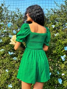 Soleia Enterizo Con Textura De Color Sólido, Cuello Cuadrado Y Cinturón - Verde - Ver 4