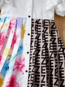 SHEIN Tween Girls' Loose Fit Colorblock Dress Featuring Fresh Flower Pattern Patchwork And Letter Print Collar