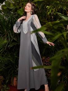 Al Najma 對比條紋與蕾絲拼接連衣裙 - 彩色 - 查看 4