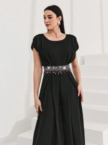 Al Najma 女式圓領腰部拼接亮片蝙蝠短袖連身褲 - 黑色 - 查看 3