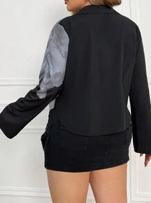 SHEIN Essnce Women's Plus Size Black/Blue Designer Inspired Long Sleeve Double-Zipper Blouse For Spring/Summer - Multicolor - View 2