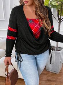 SHEIN CURVE+ Plus Size Women's Plaid Cowl Collar Long Sleeve T-Shirt - Multicolor - View 3