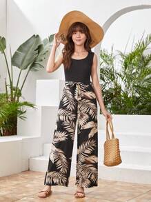 SHEIN Teen Girls' Tropical Print Splice Jumpsuit For Vacation - Black - View 6