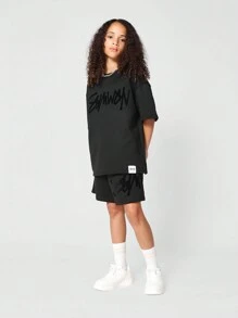 SUMWON Tween Girls Oversized Short Sleeve Premium Tee With Flock Print