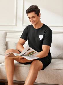 1套男士心形圖案短袖T恤和短褲家居服 - 黑色 - 查看 6