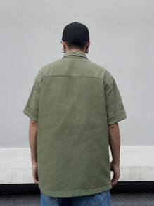 Manfinity EMRG Nam Màu thuần Nút-Mặt trước Áo denim Với Ngực Túi - màu xanh lá - Xem 2