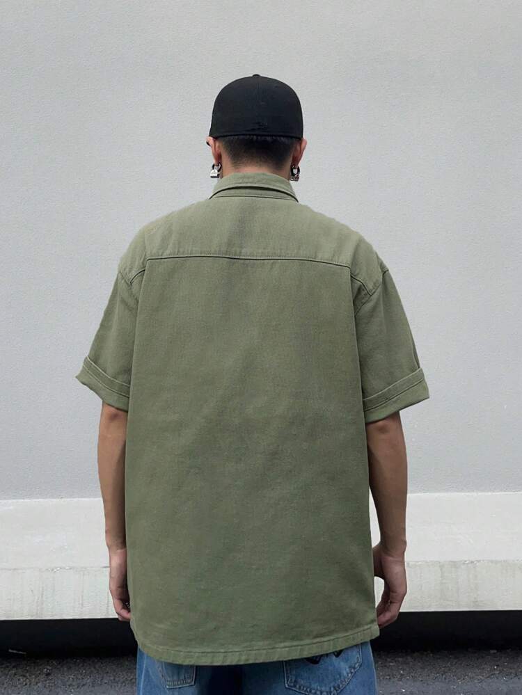 Men's Solid Color Button-Front Denim Shirt With Chest Pocket