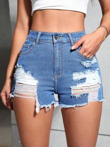 SHEIN Essnce Shorts In Denim Effetto Usato Da Donna