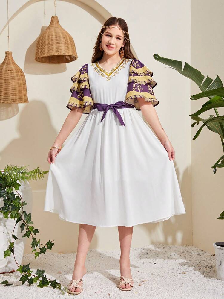 Teen Girl's Woven Color Block Embroidery Collar Layered Contrast Ruffle Sleeve Belted Dress