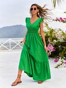 SHEIN VCAY Women's Plain Deep V-Neck Shirred Green Dress - Green - View 4