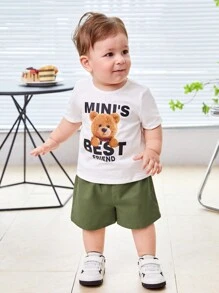 SHEIN Baby Boy's Short Sleeve Bear Print T-Shirt, Vest Outerwear, And Shorts 3pcs/Set - Green - View 8
