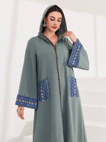 Al Najma Hooded Dress With Patchwork Design And Printed Ribbon Detail, Modest Kaftan