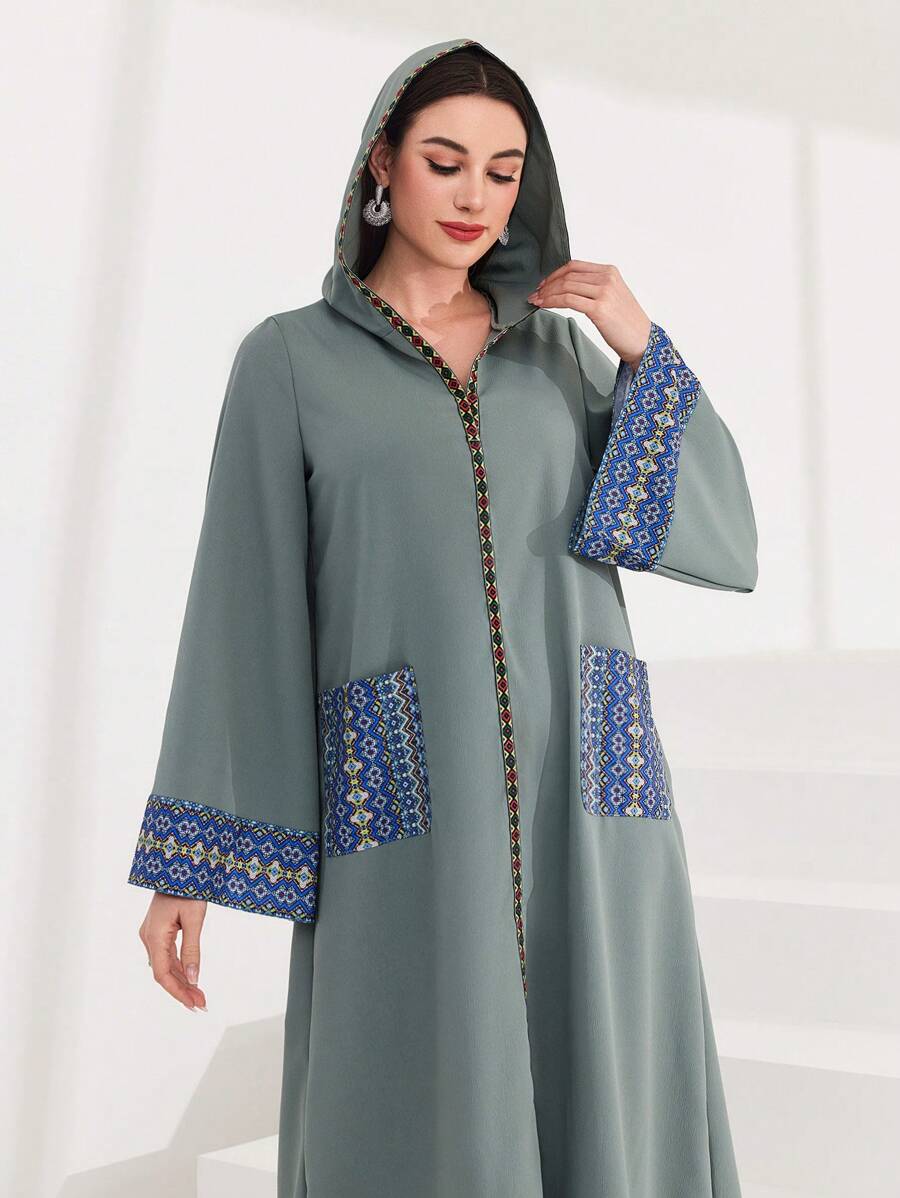 Al Najma Hooded Dress With Patchwork Design And Printed Ribbon Detail, Modest Kaftan