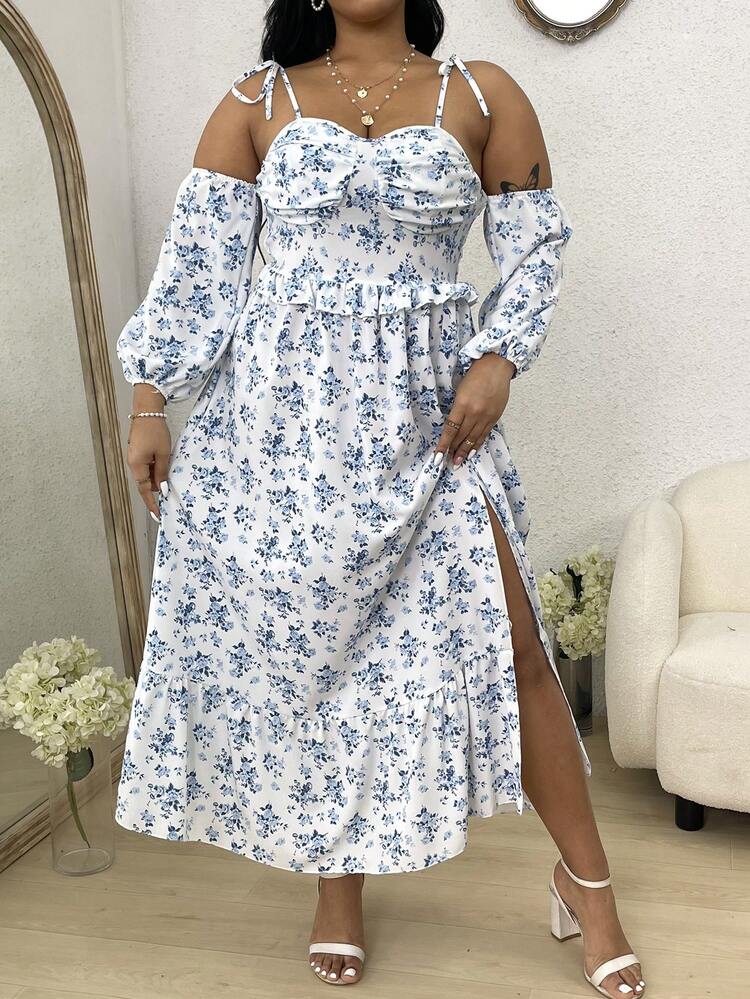 Plus Size Women's Off Shoulder Full Flower Print Dress