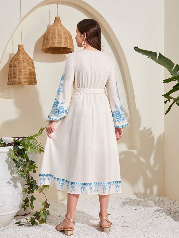 Teen Girl's Woven Paisley Bohemian Printed Waist Belted V-Neck Dress