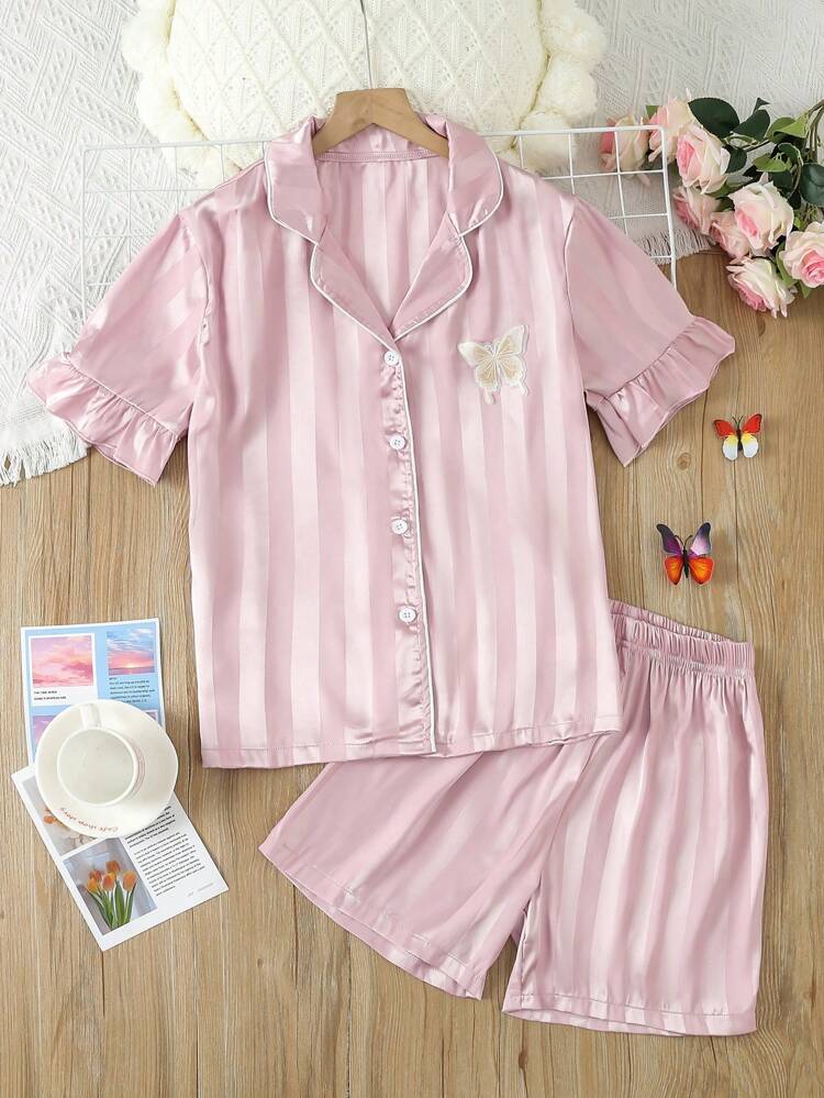 Teen Girls' Simple Striped Short Sleeve & Shorts Set Made Of Satin Fabric For Home Wear