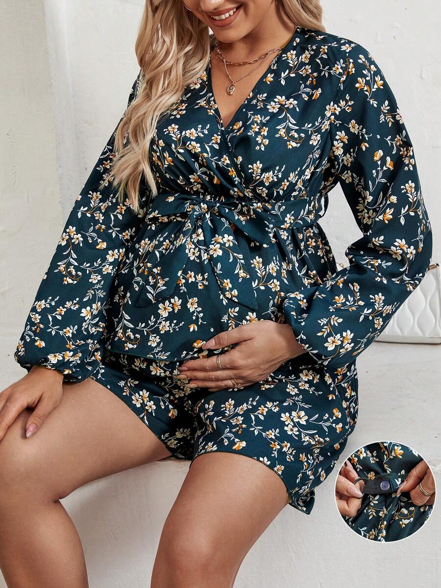 SHEIN 孕妇花卉印花系带上衣搭配短裤两件套 - 墨綠色 - 查看 1