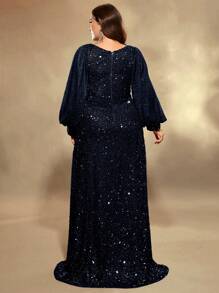 UNITHORSE Plus Size Lantern Sleeve Sequined Formal Dress Wedding Party - Navy Blue - View 2