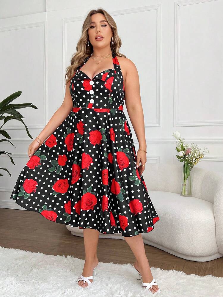 Plus Size Women's Polka Dot & Floral Printed Dress