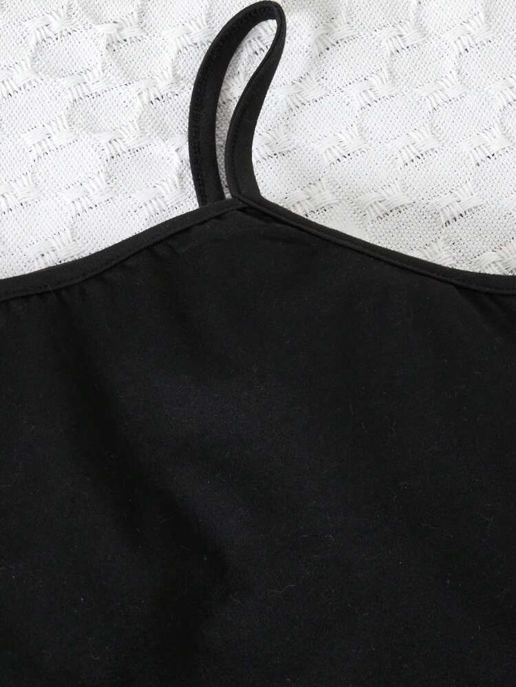 SHEIN 少女紮染 T 卹純色吊帶背心直筒褲套裝 - 黑色 - 查看 3