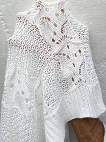 SHEIN Clasi Plus Size Plain Hollow Knit Sweater Set - White - View 3