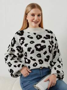SHEIN Cottnline Suéter De Talla Grande Con Estampado De Leopardo Y Mangas De Lámpara - Blanco - Ver 5