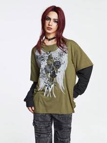 ROMWE Grunge Punk 2 In 1 Wings Print Drop Shoulder Tee - Army Green - View 3