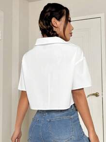 Flirla 女士纯色落肩短袖工装衬衫，带口袋，短袖上衣