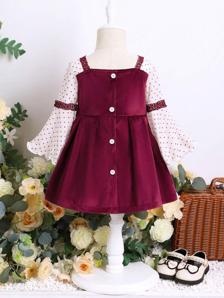 Baby Girl Colorblock Velvet Bell Sleeve Dress
