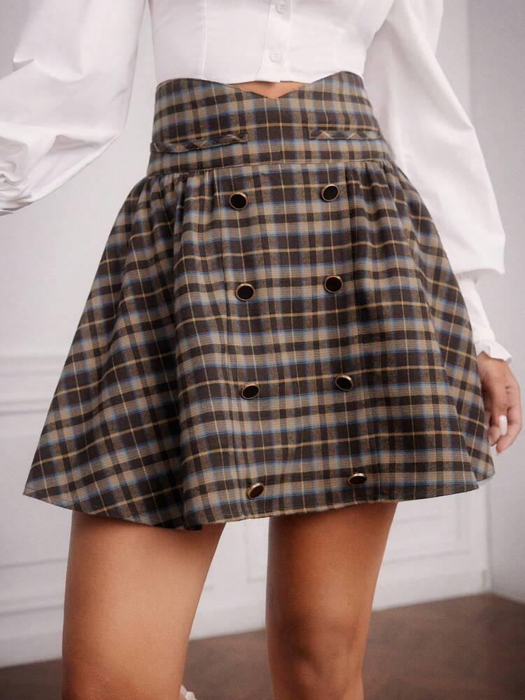 Women's Plaid Button Decorated Skirt