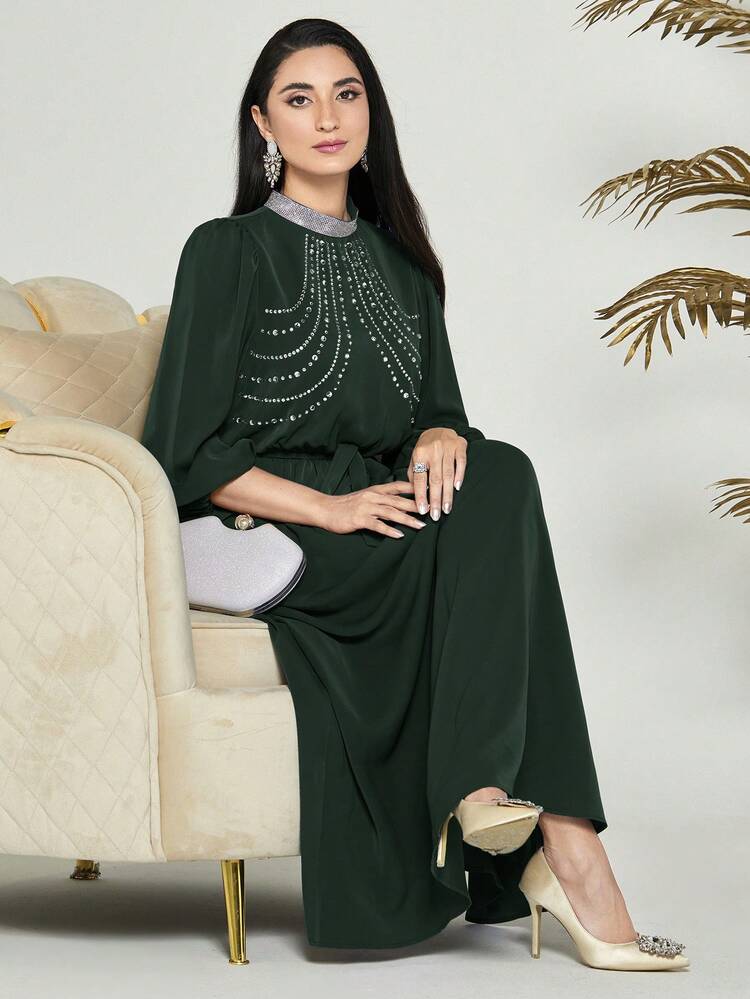 Women's Arabian Style Lantern Sleeve Midi Dress With 3/4 Sleeves