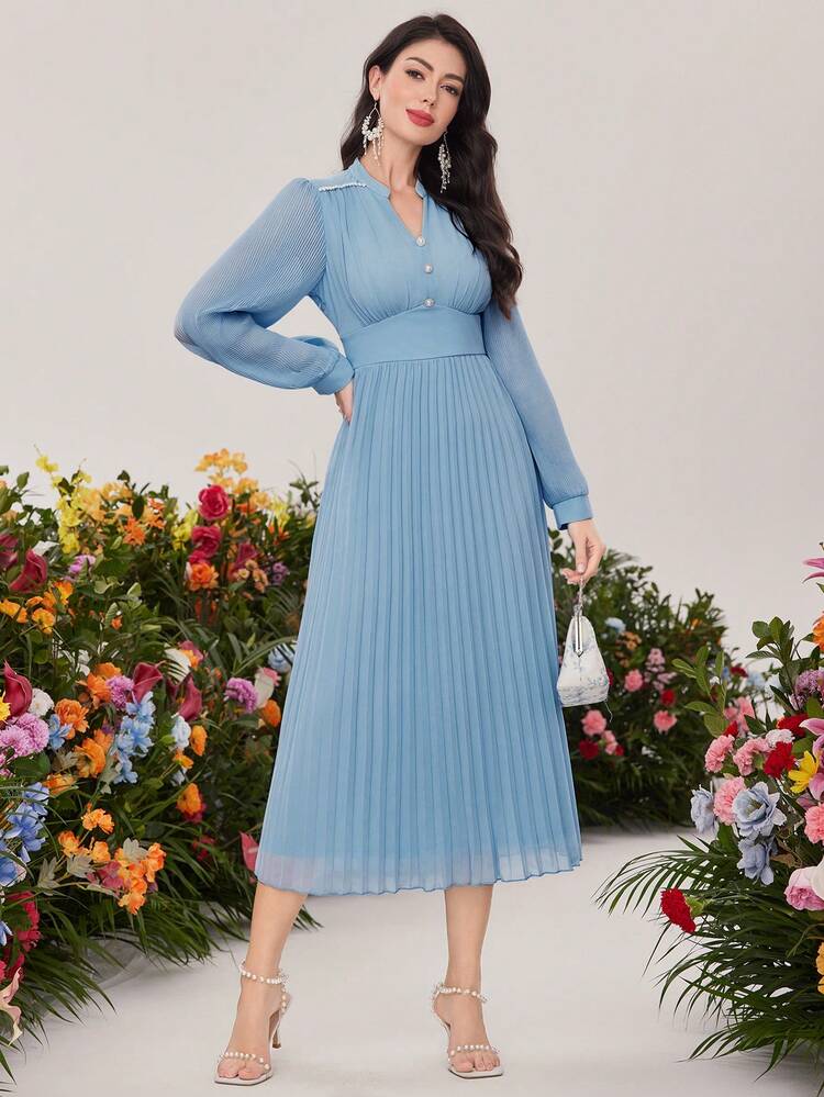 Ladies' Elegant Solid Color Dress With Pearl Decor