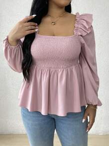 Flirla Blusa con volantes en el bajo para tallas grandes, top con efecto peplum de unicolor - Rosa vieja - Ver 4