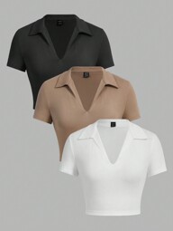 SHEIN EZwear Set de 3 camisetas casuales de mujer de manga corta y cuello en V, acortadas y ajustadas, adecuadas para el verano