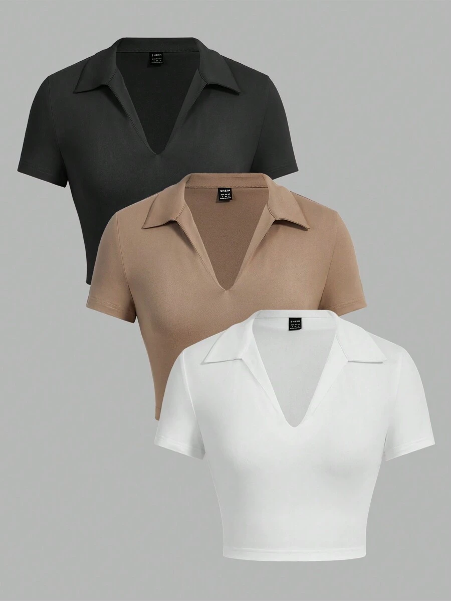 SHEIN EZwear 3 件套 V 领短袖短款休闲修身女式 T 恤,适合夏季 - 彩色 - 查看 1